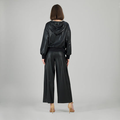 Clara Sunwoo Popular - Liquid Leather™ Hooded Drawstring Track Jacket - Black