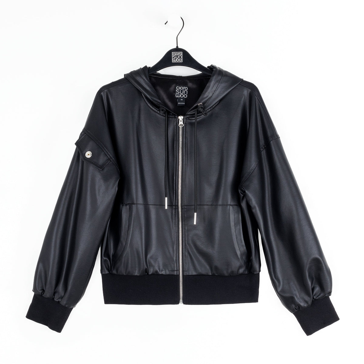 Clara Sunwoo Popular - Liquid Leather™ Hooded Drawstring Track Jacket - Black