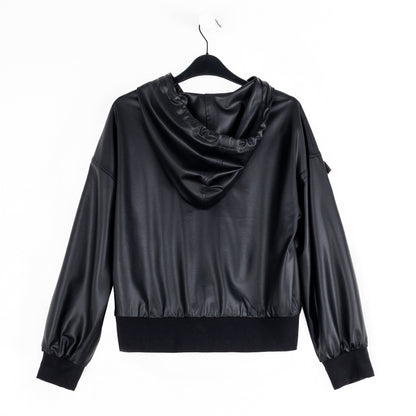 Clara Sunwoo Popular - Liquid Leather™ Hooded Drawstring Track Jacket - Black