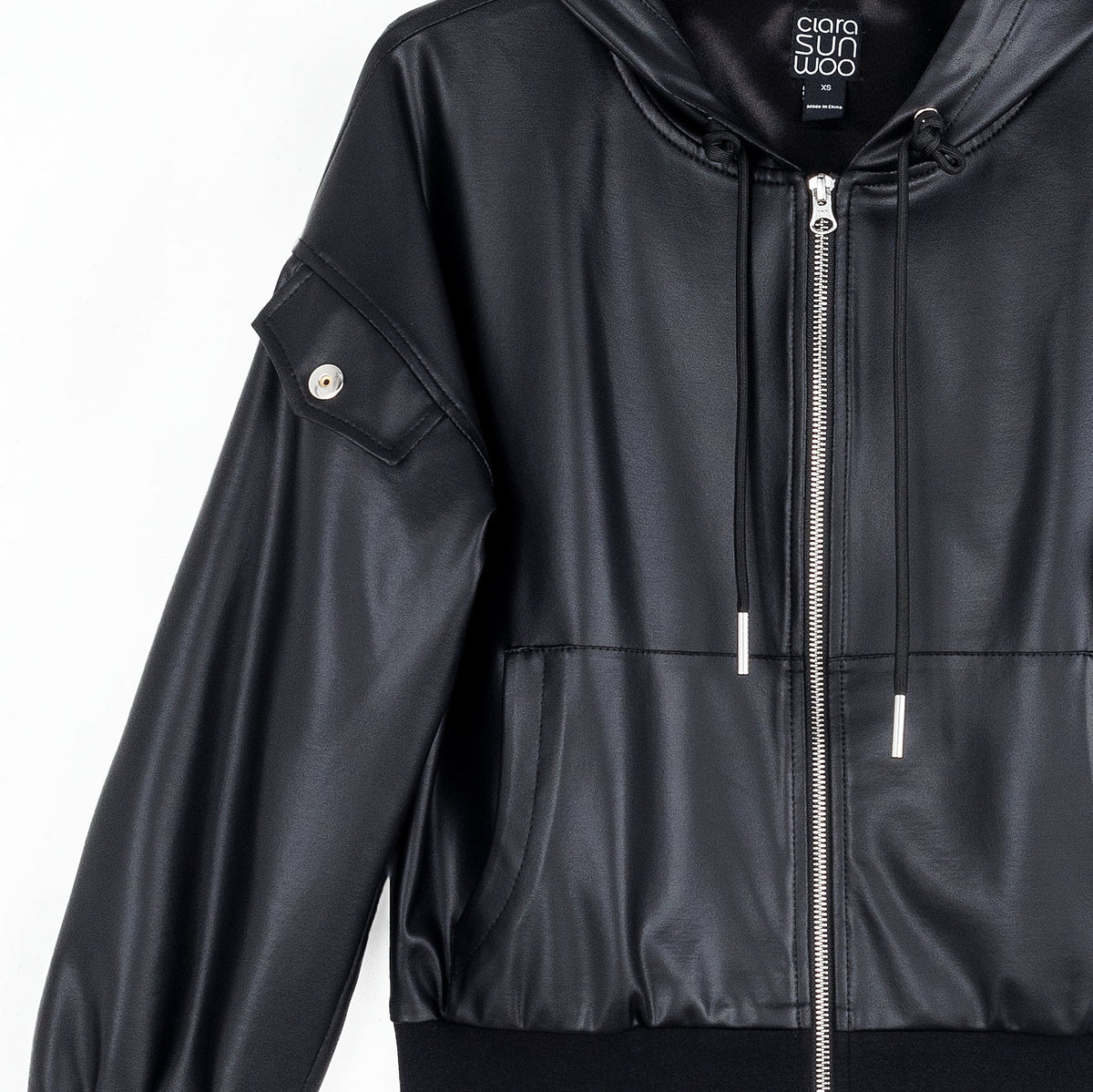 Clara Sunwoo Popular - Liquid Leather™ Hooded Drawstring Track Jacket - Black
