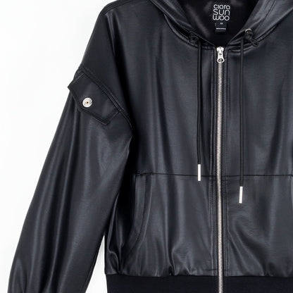 Clara Sunwoo Popular - Liquid Leather™ Hooded Drawstring Track Jacket - Black