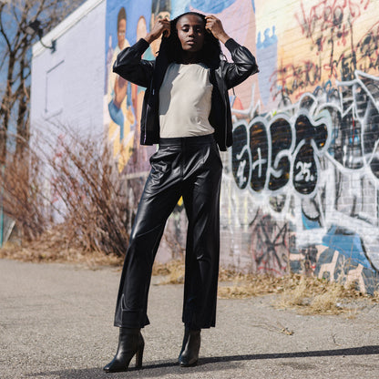 Clara Sunwoo Popular - Liquid Leather™ Hooded Drawstring Track Jacket - Black