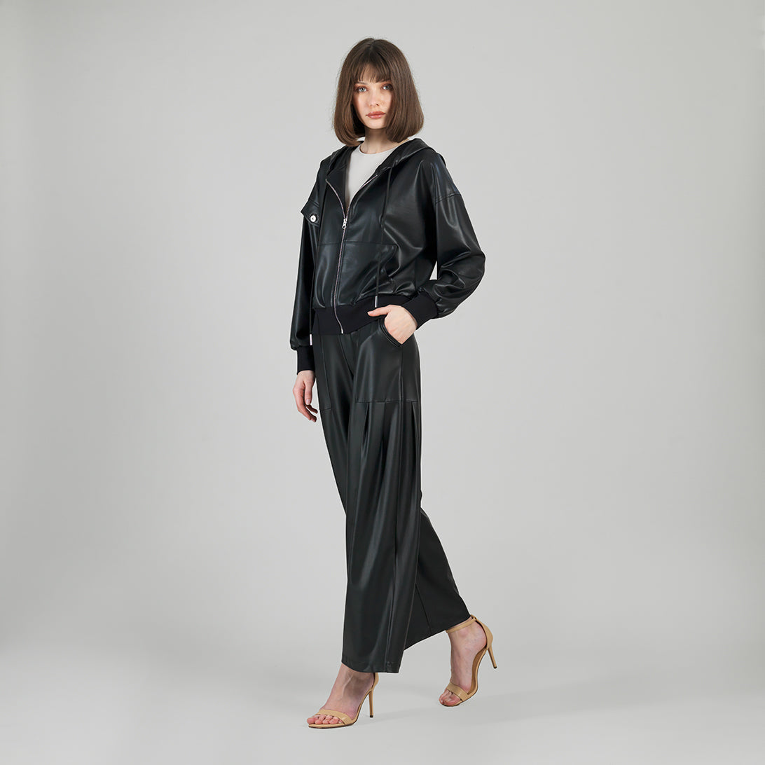 Clara Sunwoo Popular - Liquid Leather™ Hooded Drawstring Track Jacket - Black