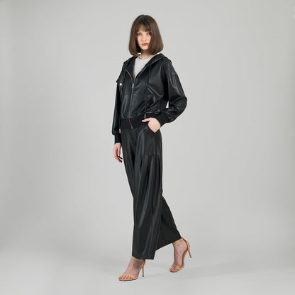 Clara Sunwoo Popular - Liquid Leather™ Hooded Drawstring Track Jacket - Black
