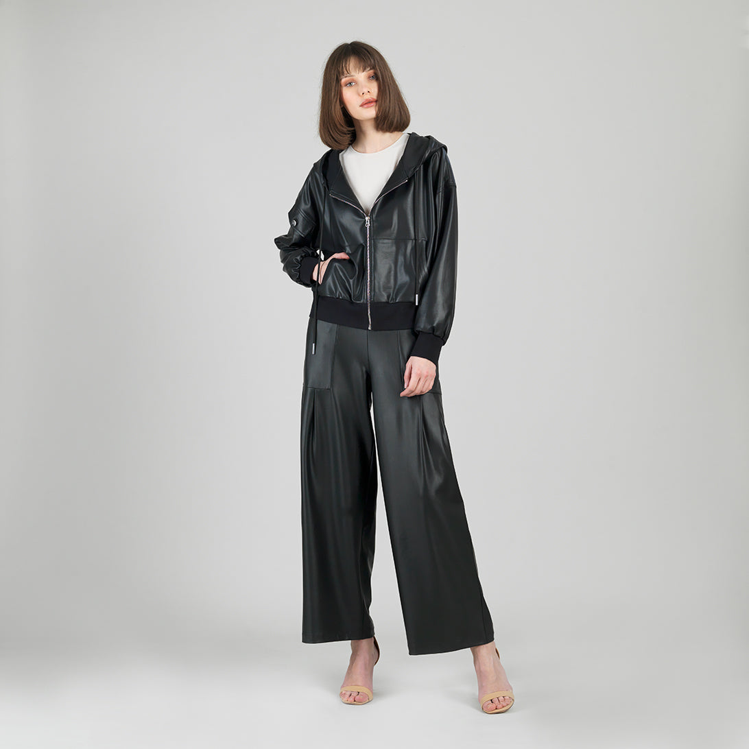 Clara Sunwoo Popular - Liquid Leather™ Hooded Drawstring Track Jacket - Black