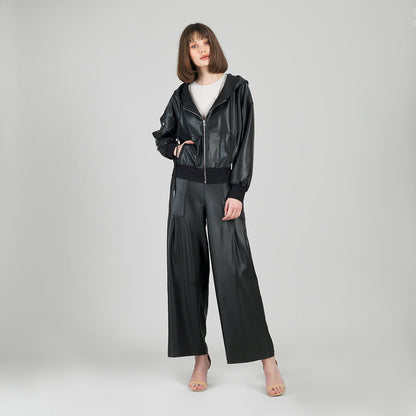 Clara Sunwoo Popular - Liquid Leather™ Hooded Drawstring Track Jacket - Black