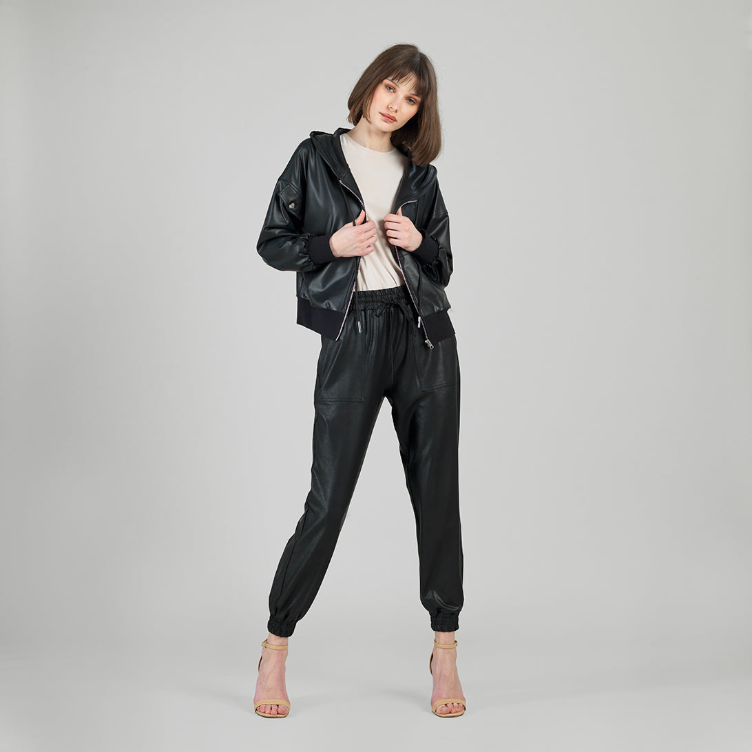 Clara Sunwoo Popular - Liquid Leather™ Hooded Drawstring Track Jacket - Black