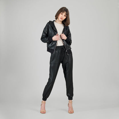 Clara Sunwoo Popular - Liquid Leather™ Hooded Drawstring Track Jacket - Black