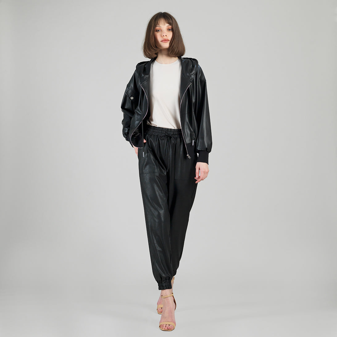 Clara Sunwoo Popular - Liquid Leather™ Hooded Drawstring Track Jacket - Black