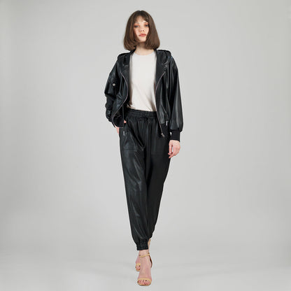 Clara Sunwoo Popular - Liquid Leather™ Hooded Drawstring Track Jacket - Black