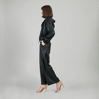 Clara Sunwoo Popular - Liquid Leather™ Hooded Drawstring Track Jacket - Black