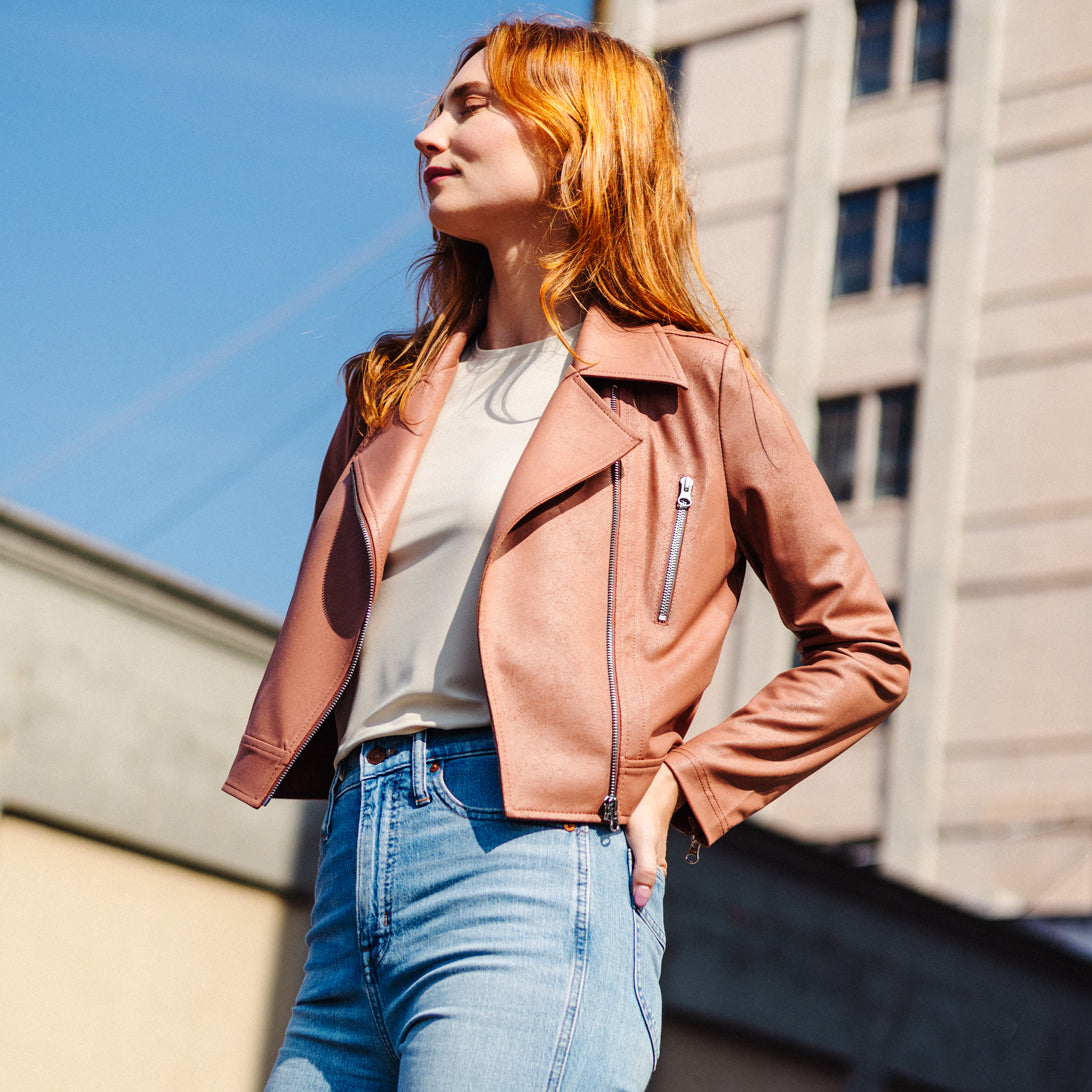 Clara Sunwoo Premium - Liquid Leather™ Zip Cuff Moto Waist Jacket - Tan - Final Sale