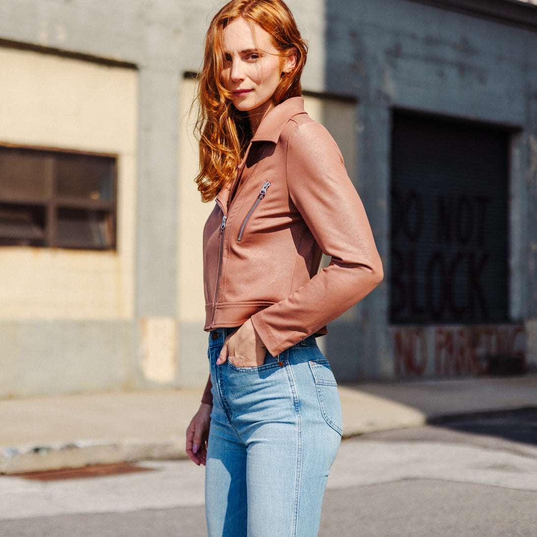 Clara Sunwoo Premium - Liquid Leather™ Zip Cuff Moto Waist Jacket - Tan - Final Sale