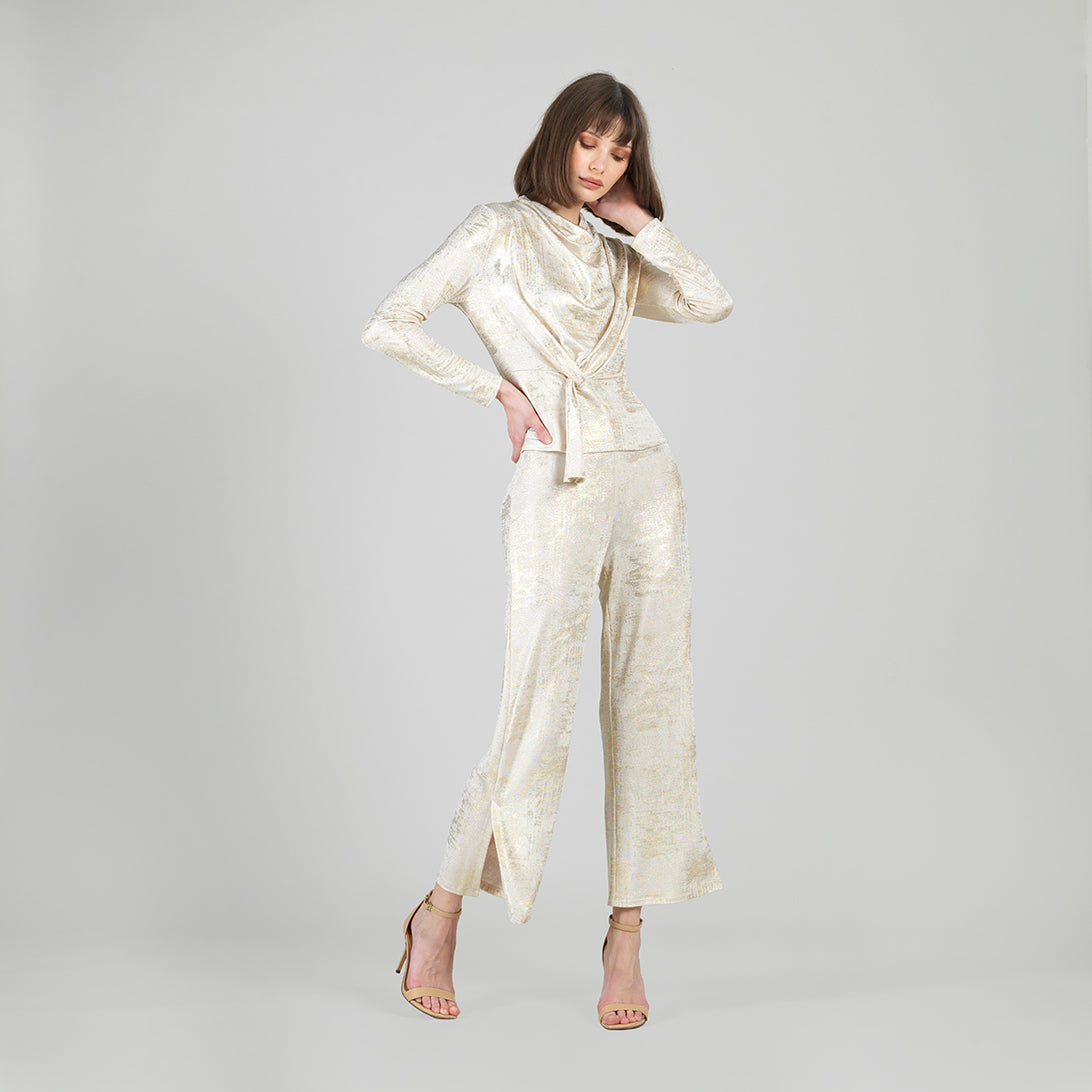 Clara Sunwoo Everyday - Foil Sheen - Long Sleeve Loop Front Top - Champagne - Final Sale