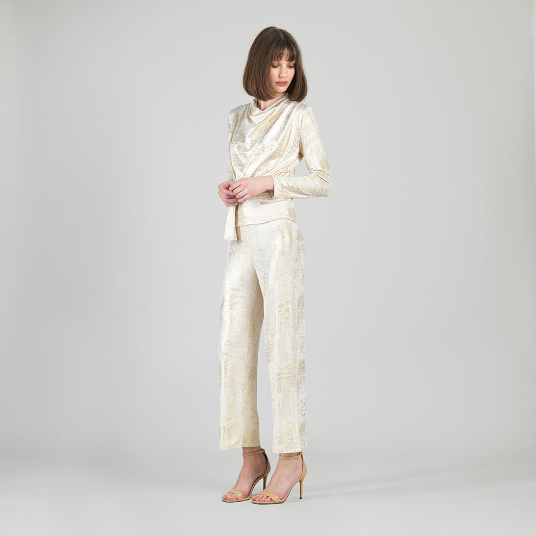 Clara Sunwoo Everyday - Foil Sheen - Long Sleeve Loop Front Top - Champagne - Final Sale