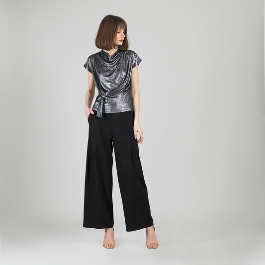 Clara Sunwoo New - Metallic Shimmer - Drape Neck Loop Front Top - Gunmetal - Limited Sizes