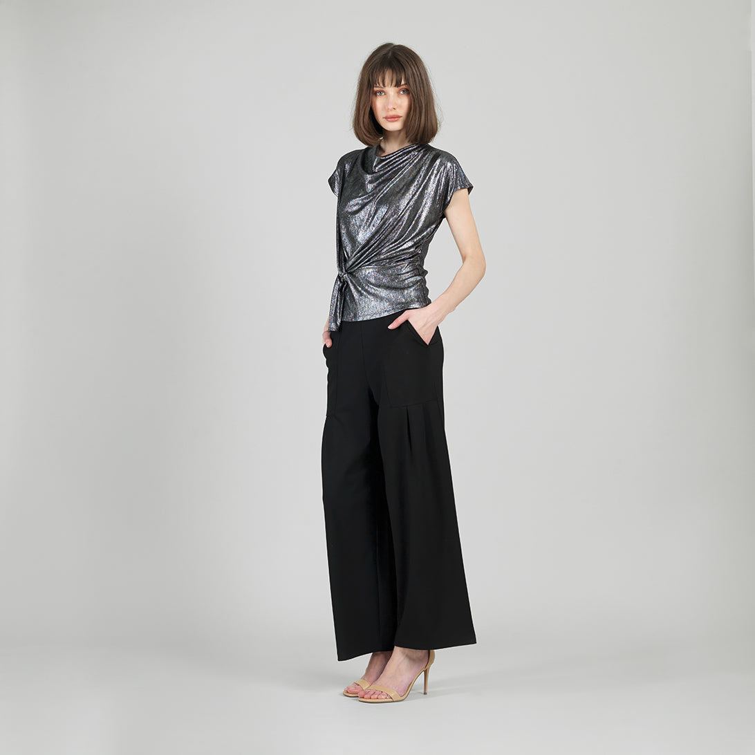 Clara Sunwoo New - Metallic Shimmer - Drape Neck Loop Front Top - Gunmetal - Limited Sizes