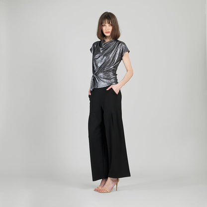 Clara Sunwoo New - Metallic Shimmer - Drape Neck Loop Front Top - Gunmetal - Limited Sizes