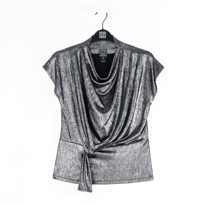 Clara Sunwoo New - Metallic Shimmer - Drape Neck Loop Front Top - Gunmetal - Limited Sizes
