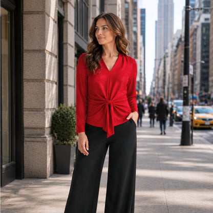 Clara Sunwoo Popular - Glimmer Speck - V-Neck Center Front Tie Top - Red - Final Sale