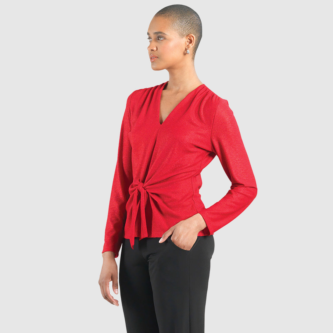 Clara Sunwoo Popular - Glimmer Speck - V-Neck Center Front Tie Top - Red - Final Sale