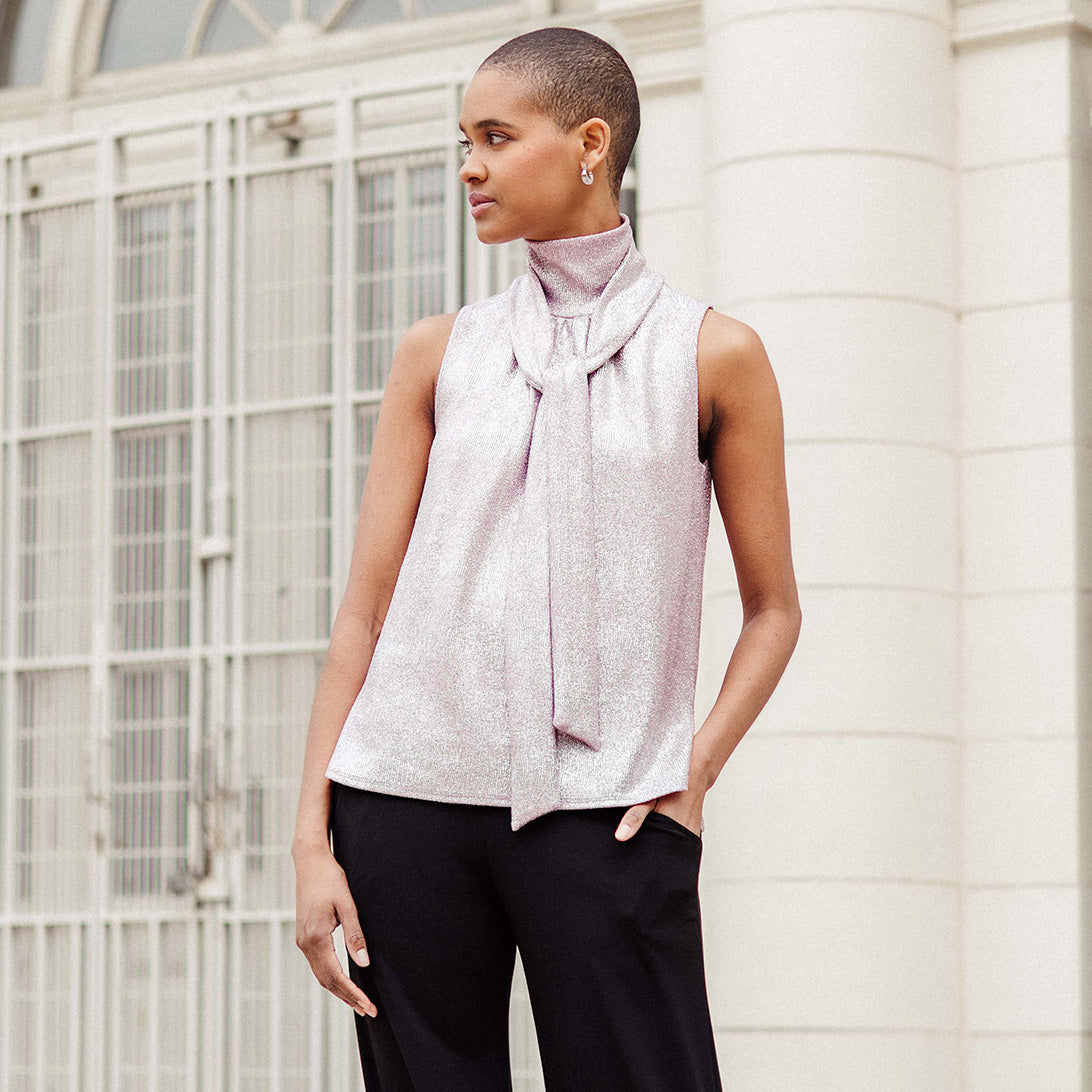 Clara Sunwoo Classic - Glitter Foil - Mock Neck-Tie Detail Top - Pink - Final Sale!