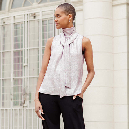 Clara Sunwoo Classic - Glitter Foil - Mock Neck-Tie Detail Top - Pink - Final Sale!
