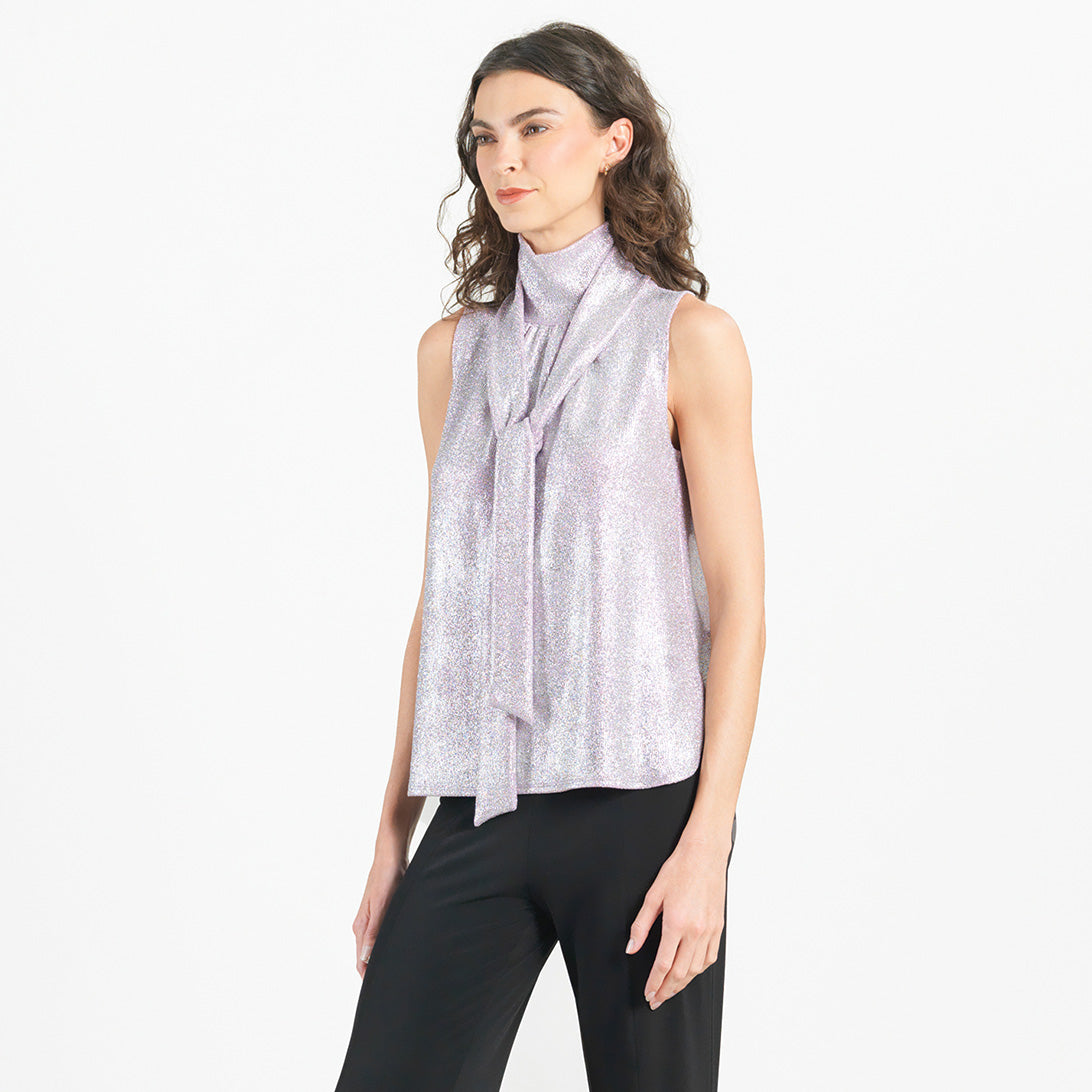 Clara Sunwoo Classic - Glitter Foil - Mock Neck-Tie Detail Top - Pink - Final Sale!