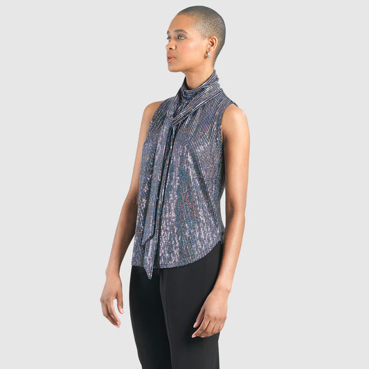 Clara Sunwoo Featured - Shimmer Sequin - Mock Neck-Tie Detail Top - Silver Pinstripe - Final Sale