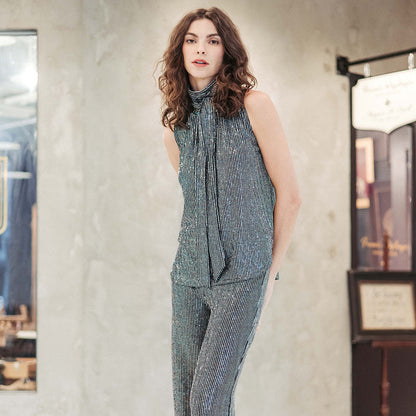 Clara Sunwoo Featured - Shimmer Sequin - Mock Neck-Tie Detail Top - Silver Pinstripe - Final Sale