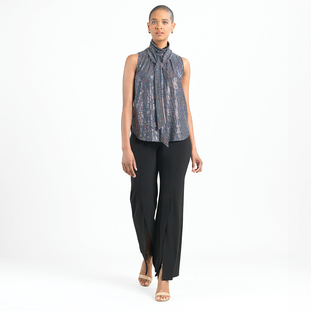 Clara Sunwoo Featured - Shimmer Sequin - Mock Neck-Tie Detail Top - Silver Pinstripe - Final Sale
