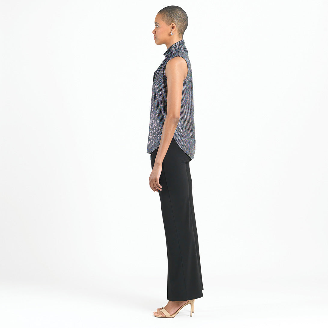 Clara Sunwoo Featured - Shimmer Sequin - Mock Neck-Tie Detail Top - Silver Pinstripe - Final Sale