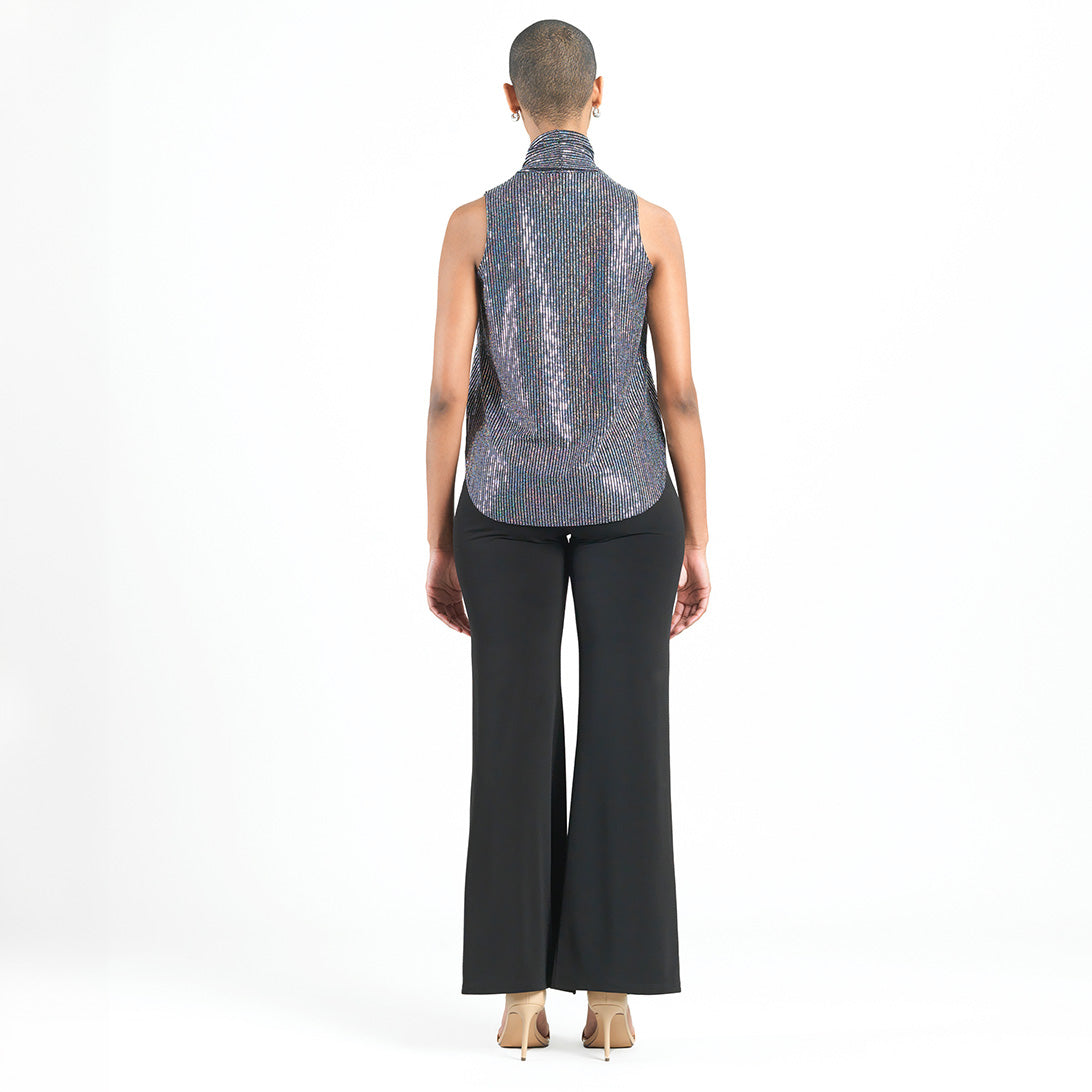 Clara Sunwoo Featured - Shimmer Sequin - Mock Neck-Tie Detail Top - Silver Pinstripe - Final Sale