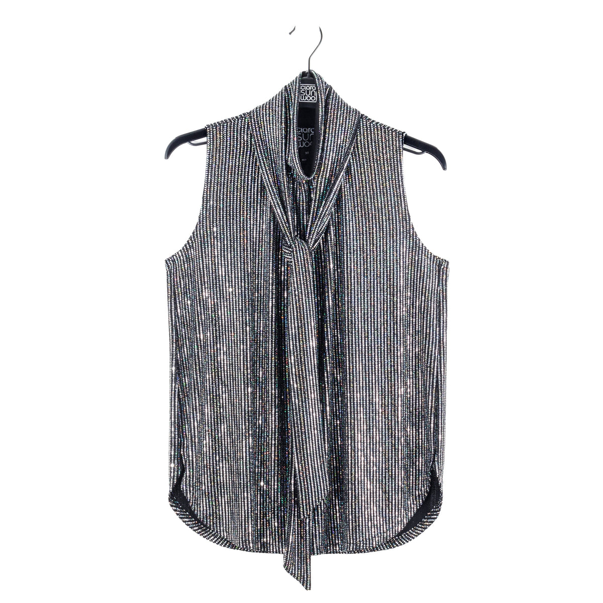 Clara Sunwoo Featured - Shimmer Sequin - Mock Neck-Tie Detail Top - Silver Pinstripe - Final Sale