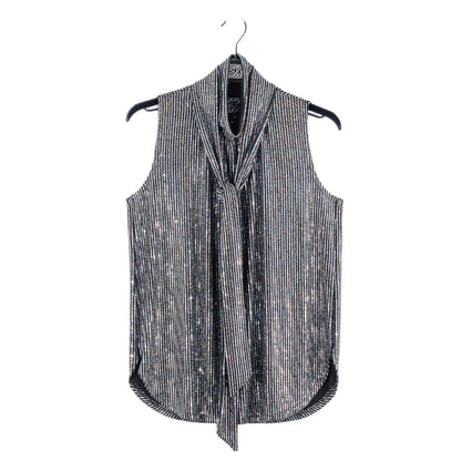 Clara Sunwoo Featured - Shimmer Sequin - Mock Neck-Tie Detail Top - Silver Pinstripe - Final Sale