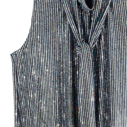 Clara Sunwoo Featured - Shimmer Sequin - Mock Neck-Tie Detail Top - Silver Pinstripe - Final Sale