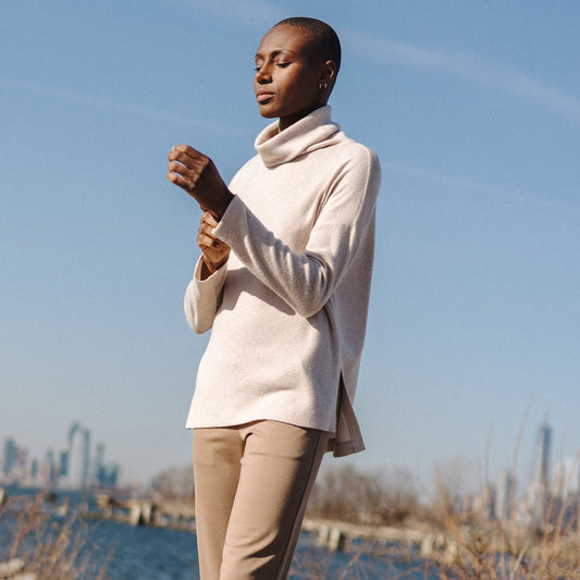 Clara Sunwoo Deals - Faux Cashmere - Cowl Turtleneck Side Vent Sweater Tunic - Natural - Final Sale