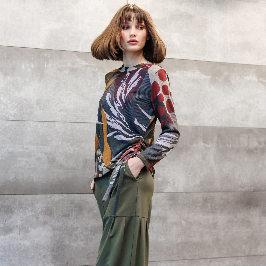 Clara Sunwoo Best Seller - Cozy Knit - Side Pull-Tie Sweater Top - Abstract Harvest - Final Sale