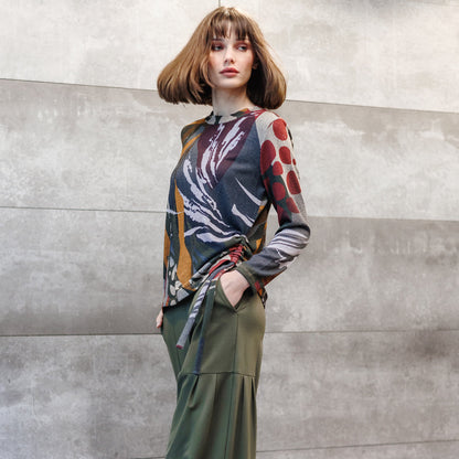 Clara Sunwoo Best Seller - Cozy Knit - Side Pull-Tie Sweater Top - Abstract Harvest - Final Sale