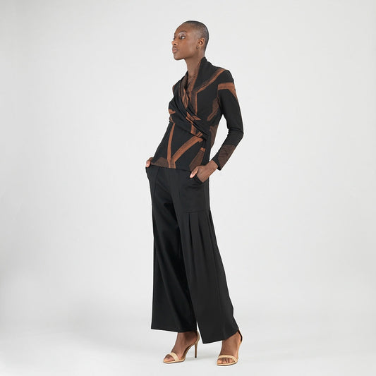 Clara Sunwoo Recommended - Lightweight Cozy - V-Neck Draped Pleat Sweater Top - Linear Geo