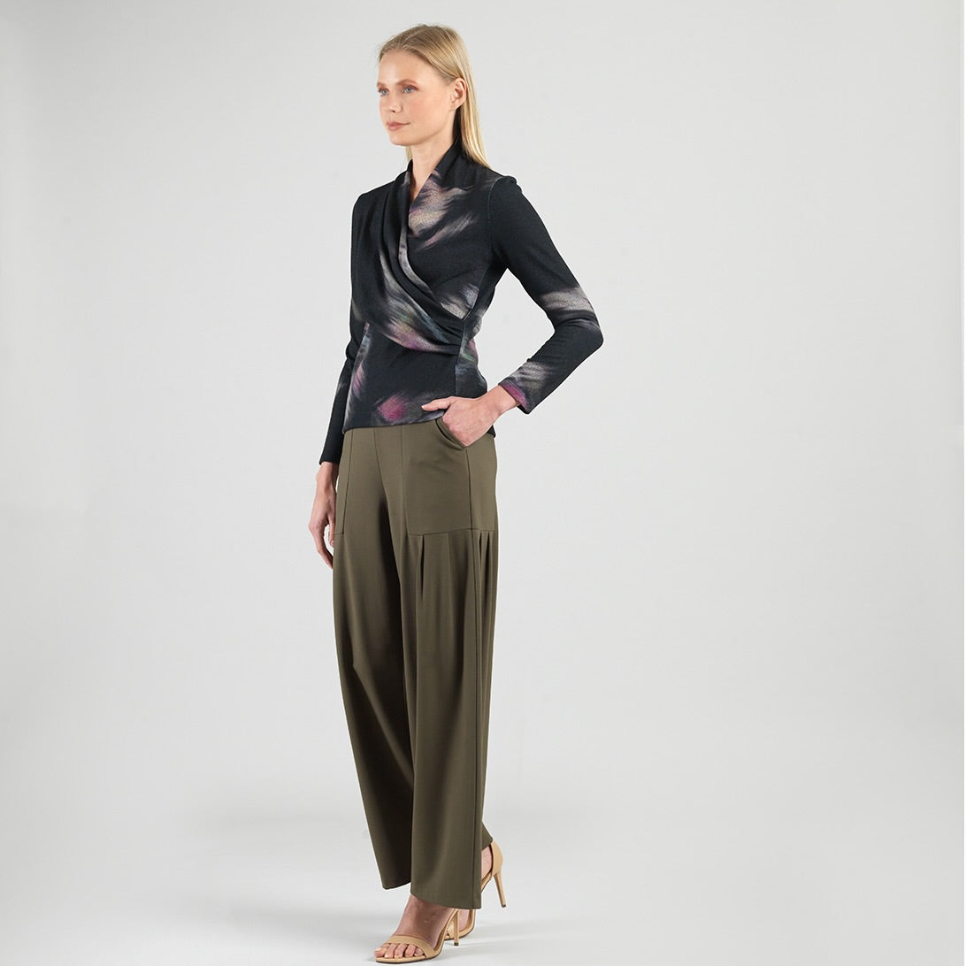Clara Sunwoo Customer Favorite - Cozy Knit - V-Neck Draped Pleat Sweater Top - Shadow Brush