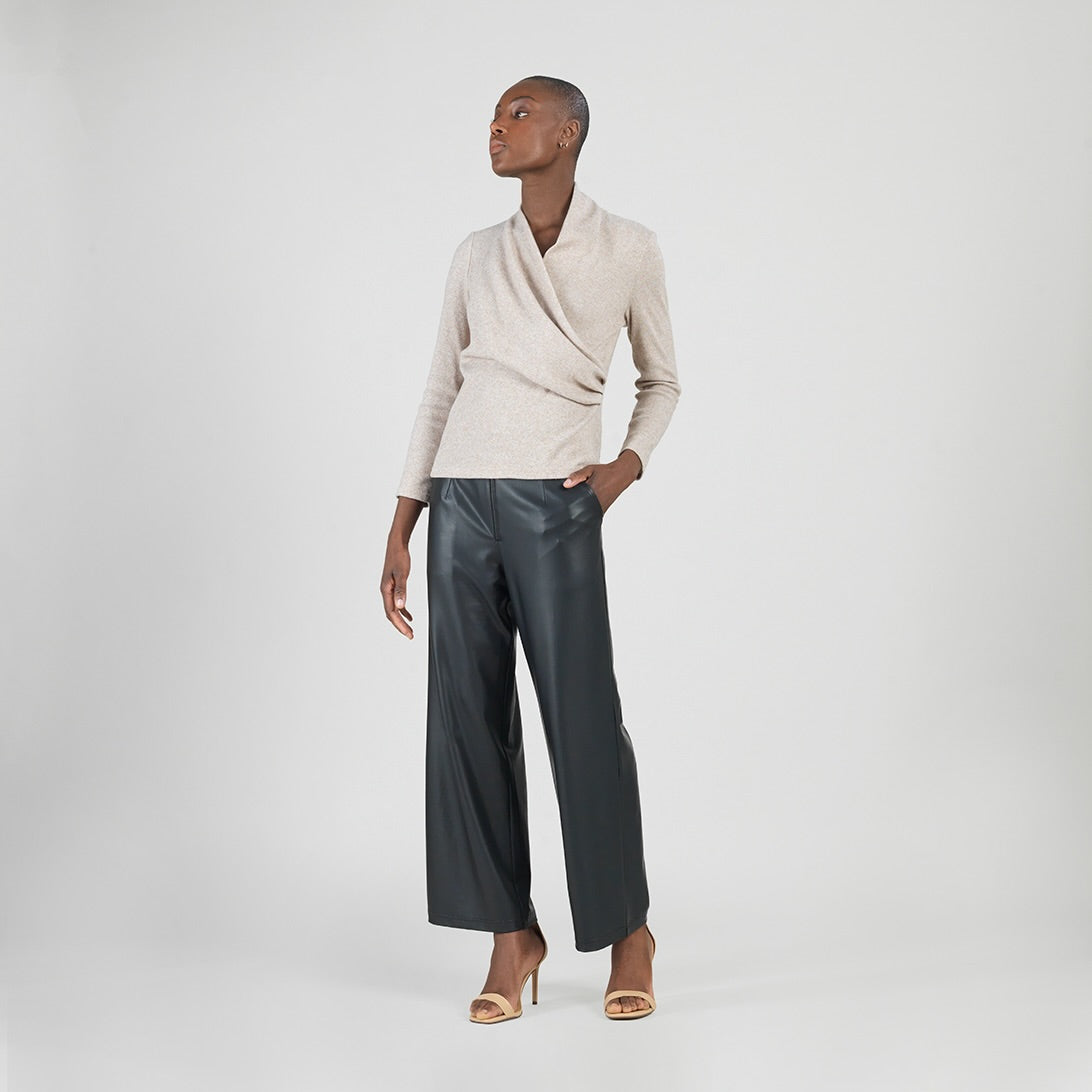 Clara Sunwoo Premium - Faux Cashmere - V-Neck Draped Pleat Sweater Top - Natural - Final Sale
