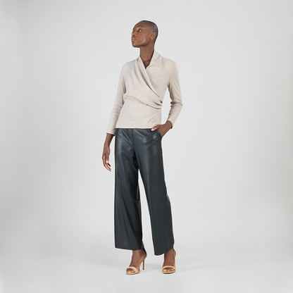 Clara Sunwoo Premium - Faux Cashmere - V-Neck Draped Pleat Sweater Top - Natural - Final Sale