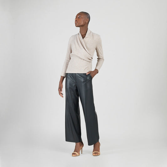 Clara Sunwoo Premium - Faux Cashmere - V-Neck Draped Pleat Sweater Top - Natural - Final Sale