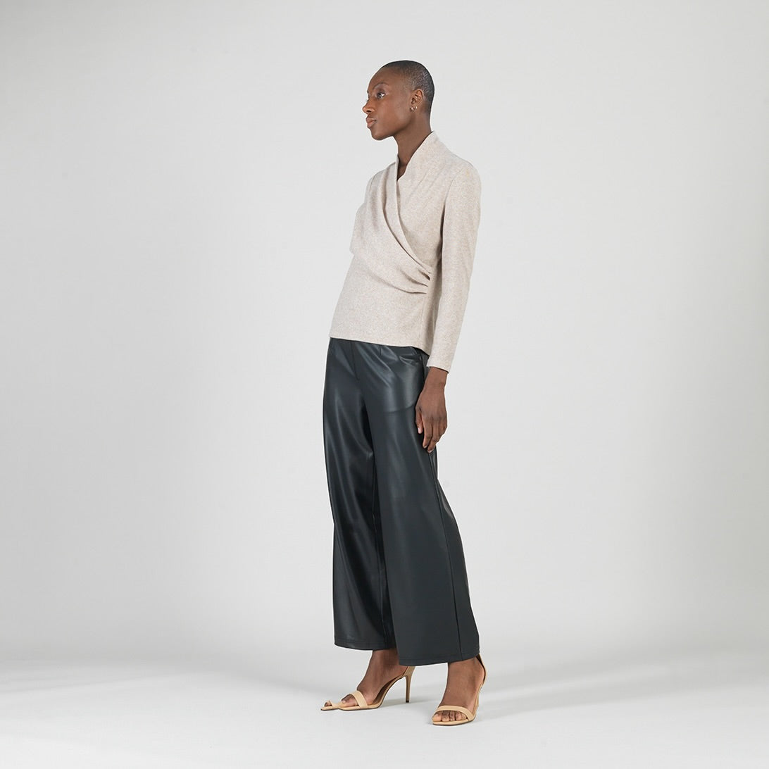 Clara Sunwoo Premium - Faux Cashmere - V-Neck Draped Pleat Sweater Top - Natural - Final Sale
