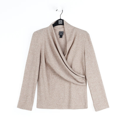 Clara Sunwoo Premium - Faux Cashmere - V-Neck Draped Pleat Sweater Top - Natural - Final Sale