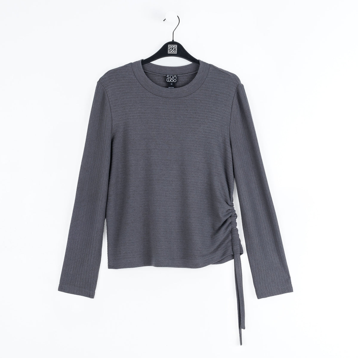 Clara Sunwoo Signature - Soft Ribbed - Side Pull-Tie Sweater Top - Charcoal - Final Sale