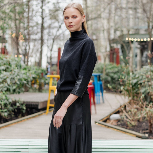 Clara Sunwoo Customer Favorite - Plush Ribbed - Liquid Leather Cuff Sweater - Black - Final Sale