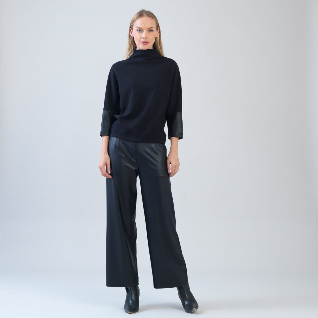 Clara Sunwoo Customer Favorite - Plush Ribbed - Liquid Leather Cuff Sweater - Black - Final Sale