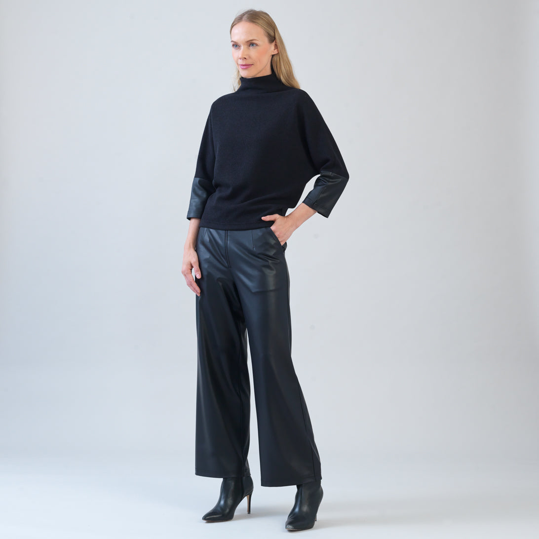 Clara Sunwoo Customer Favorite - Plush Ribbed - Liquid Leather Cuff Sweater - Black - Final Sale